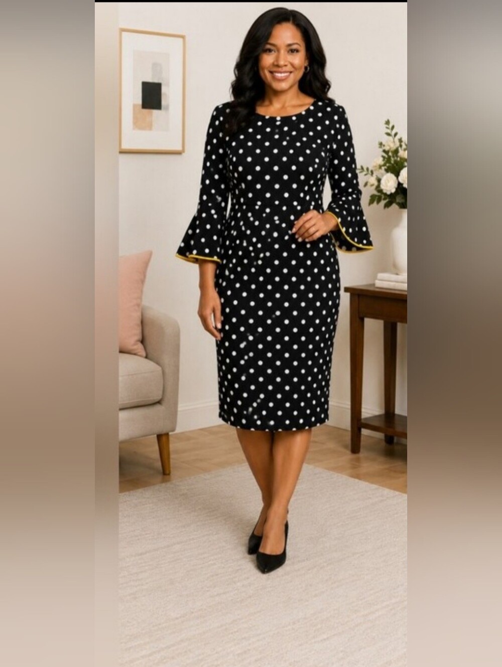Shelby & Palmer Black White Polka Dot Dress Yellow Trim Bell Sleeves Size 12 EUC